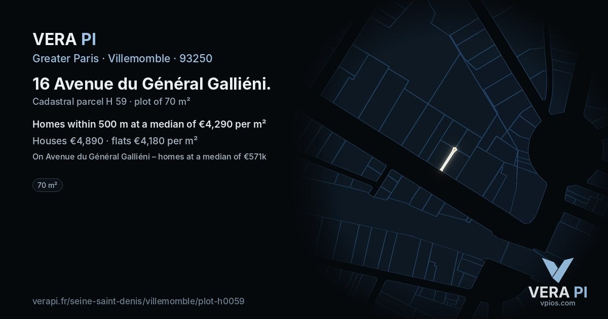 16 Avenue du Général Galliéni, Villemomble at night – the plot lit, the parcels around coloured by the prices near them