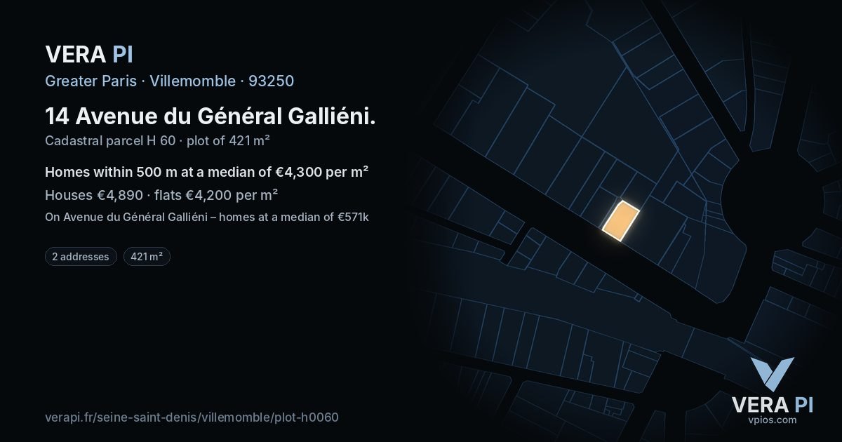 14 Avenue du Général Galliéni, Villemomble at night – the plot lit, the parcels around coloured by the prices near them