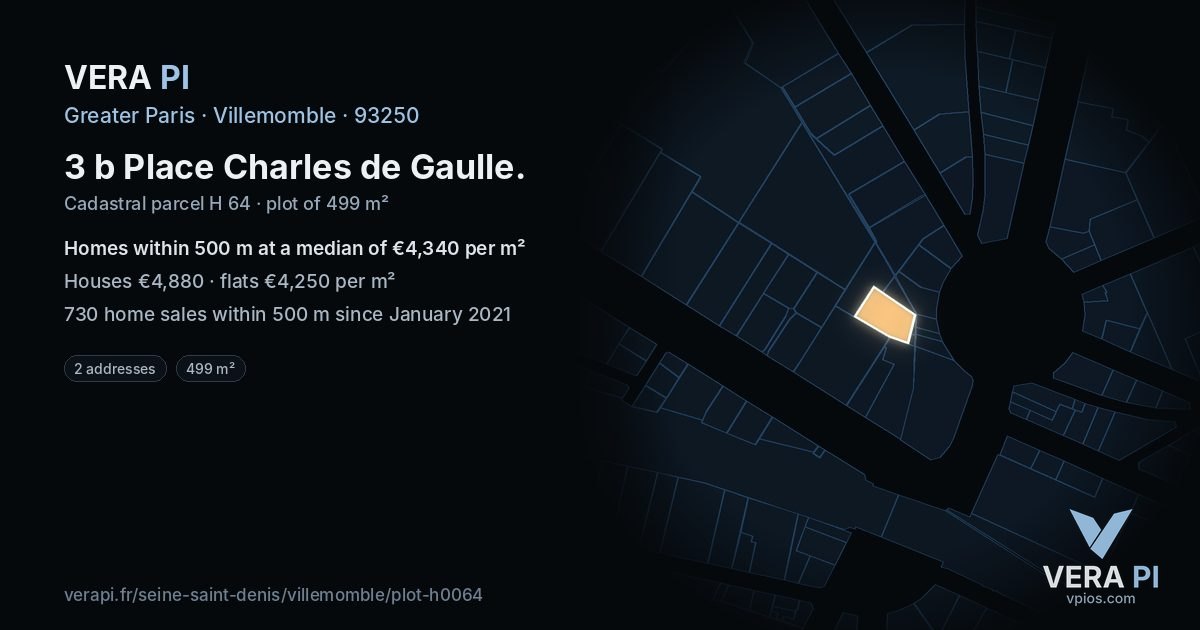 3 b Place Charles de Gaulle, Villemomble at night – the plot lit, the parcels around coloured by the prices near them