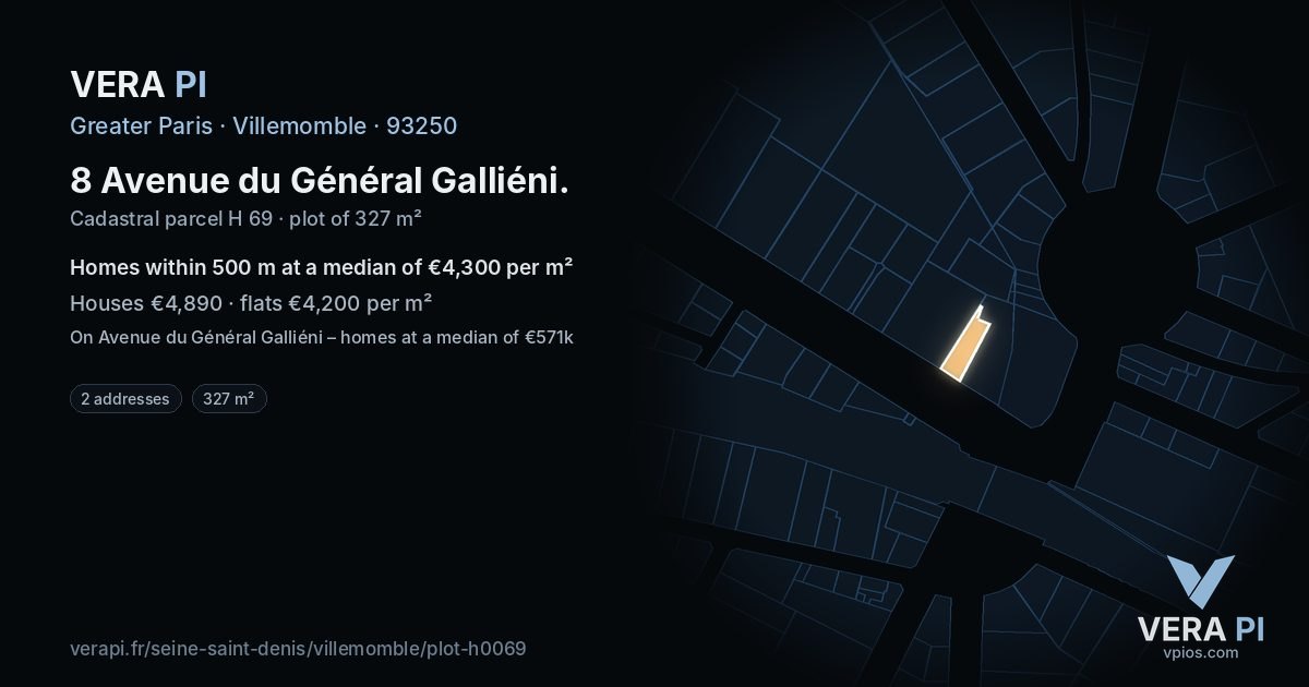 8 Avenue du Général Galliéni, Villemomble at night – the plot lit, the parcels around coloured by the prices near them