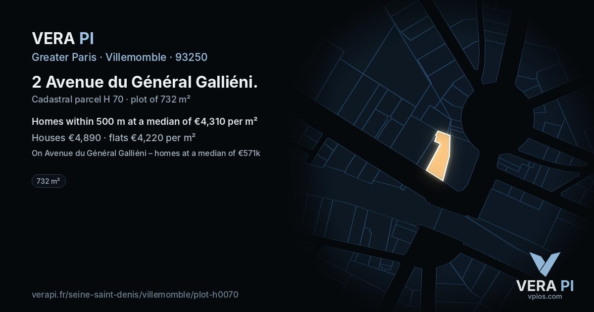 2 Avenue du Général Galliéni, Villemomble at night – the plot lit, the parcels around coloured by the prices near them