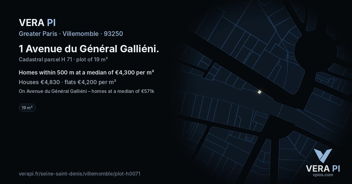 1 Avenue du Général Galliéni, Villemomble at night – the plot lit, the parcels around coloured by the prices near them