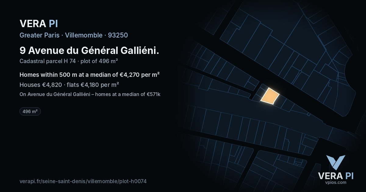 9 Avenue du Général Galliéni, Villemomble at night – the plot lit, the parcels around coloured by the prices near them