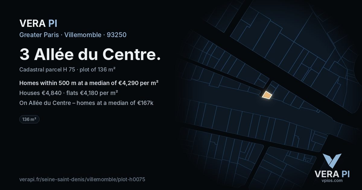 3 Allée du Centre, Villemomble at night – the plot lit, the parcels around coloured by the prices near them