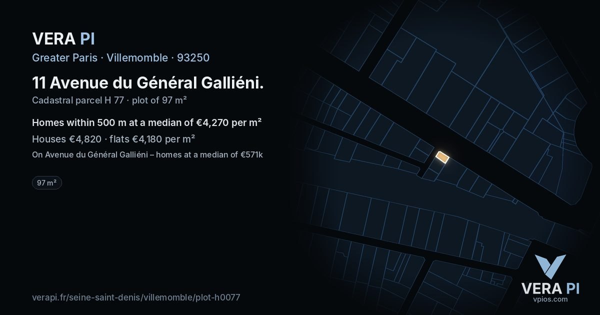 11 Avenue du Général Galliéni, Villemomble at night – the plot lit, the parcels around coloured by the prices near them