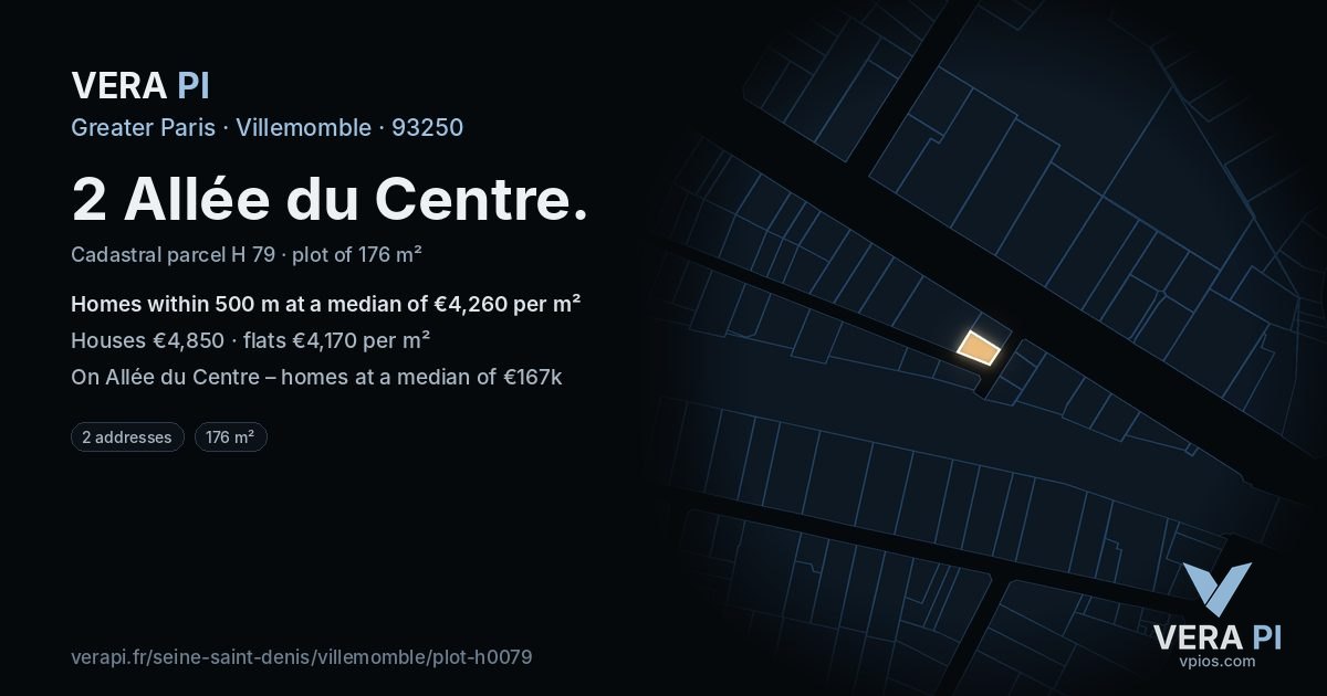 2 Allée du Centre, Villemomble at night – the plot lit, the parcels around coloured by the prices near them