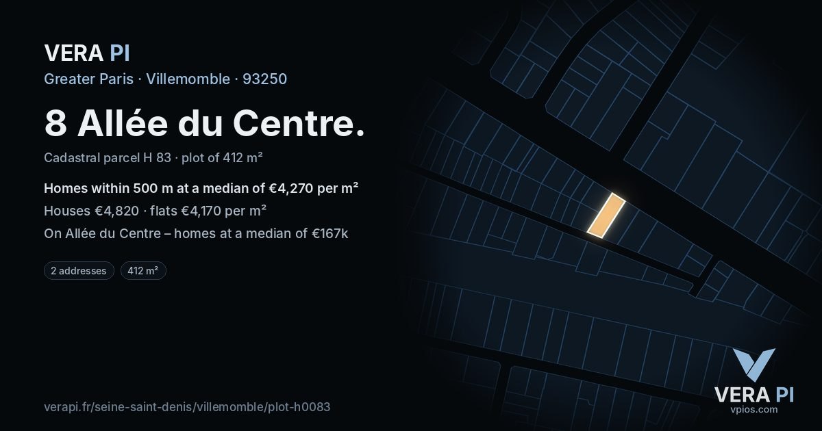 8 Allée du Centre, Villemomble at night – the plot lit, the parcels around coloured by the prices near them