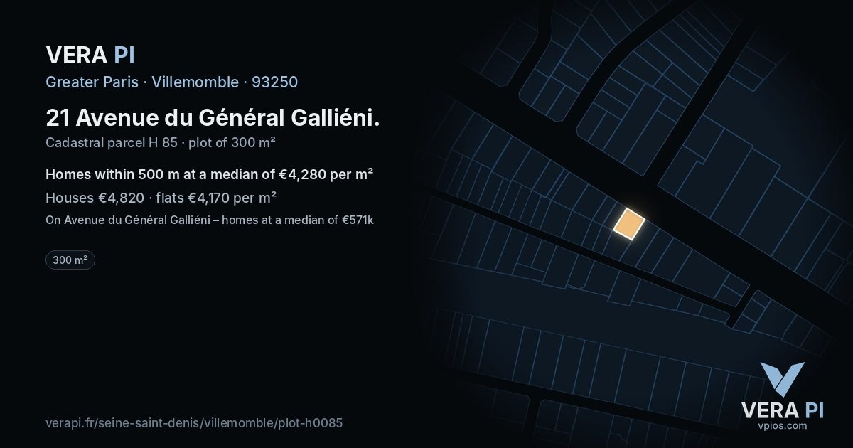 21 Avenue du Général Galliéni, Villemomble at night – the plot lit, the parcels around coloured by the prices near them
