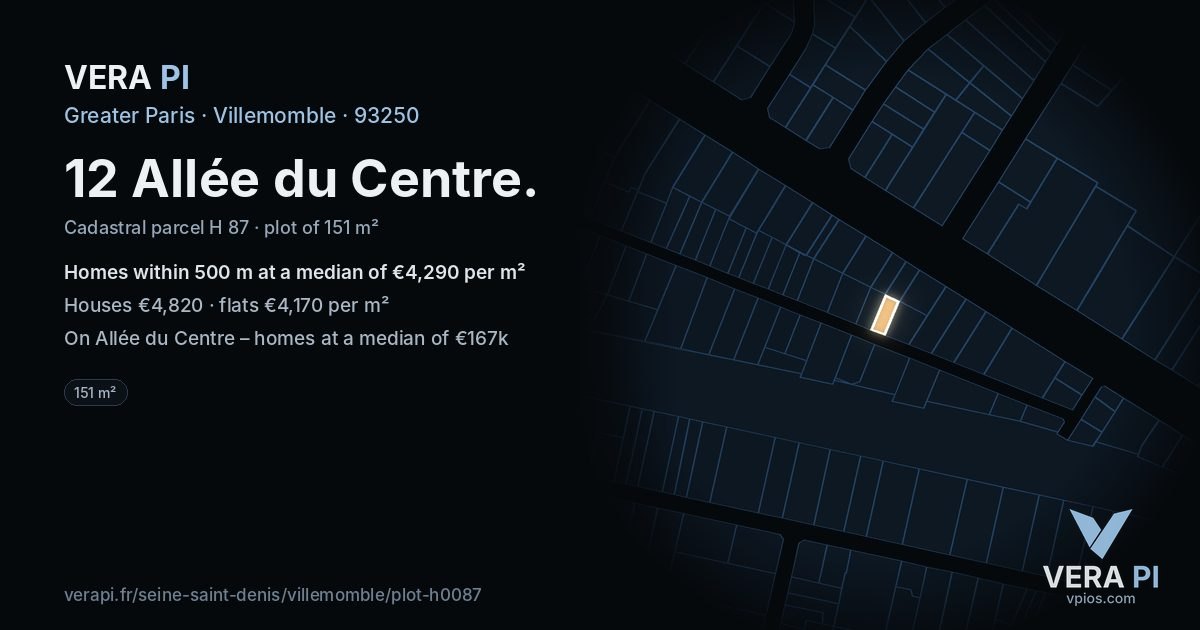 12 Allée du Centre, Villemomble at night – the plot lit, the parcels around coloured by the prices near them