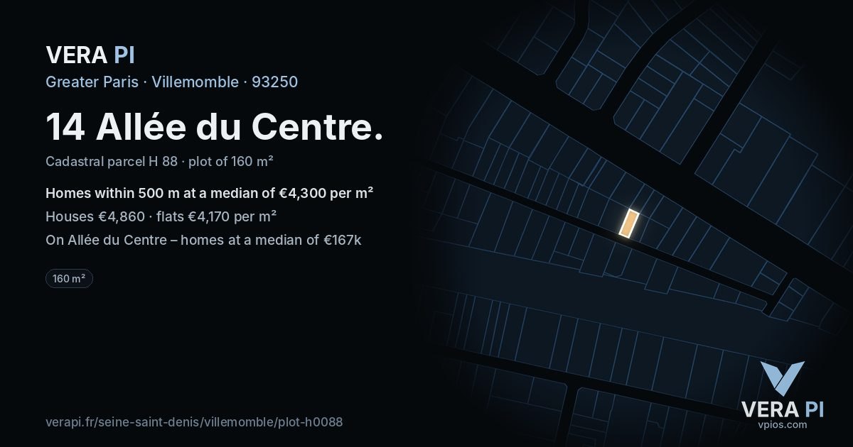 14 Allée du Centre, Villemomble at night – the plot lit, the parcels around coloured by the prices near them