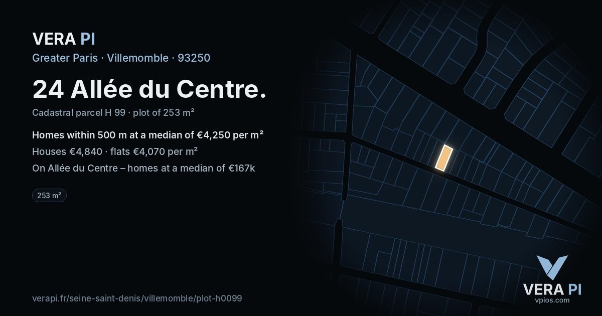 24 Allée du Centre, Villemomble at night – the plot lit, the parcels around coloured by the prices near them