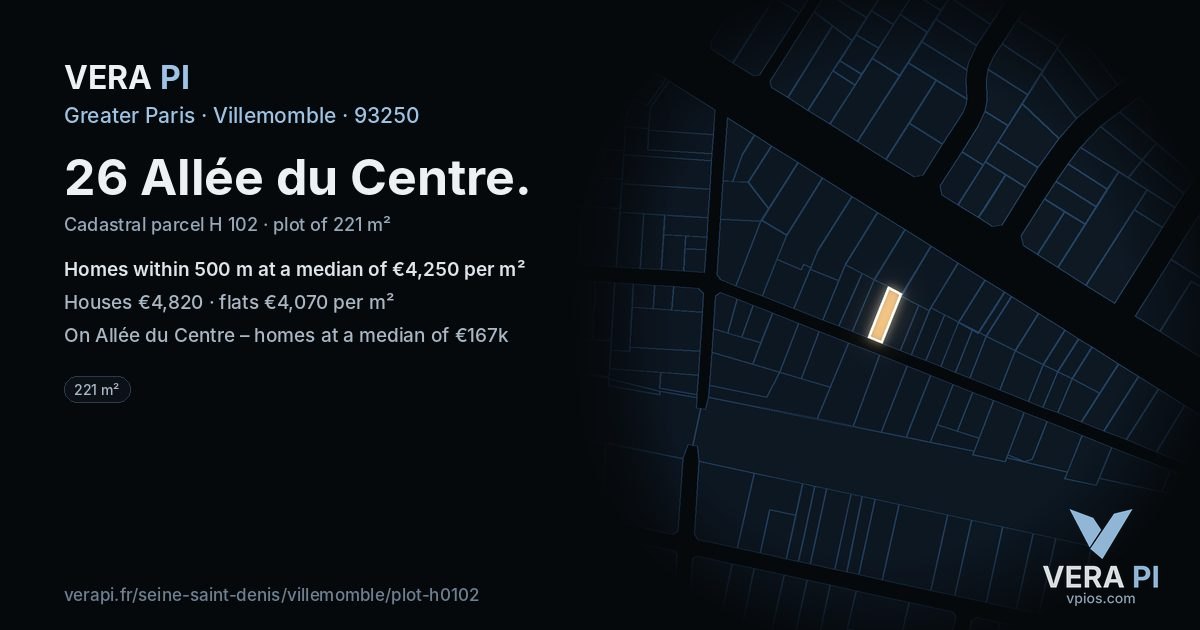26 Allée du Centre, Villemomble at night – the plot lit, the parcels around coloured by the prices near them