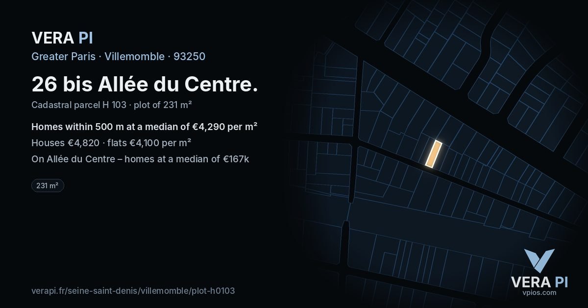 26 bis Allée du Centre, Villemomble at night – the plot lit, the parcels around coloured by the prices near them