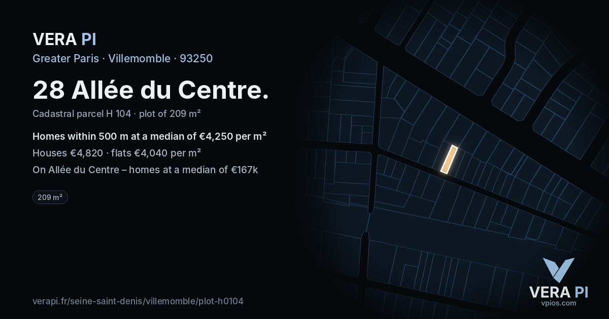 28 Allée du Centre, Villemomble at night – the plot lit, the parcels around coloured by the prices near them