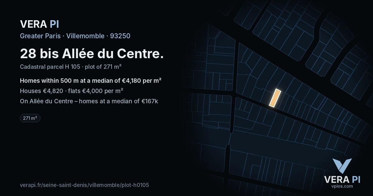 28 bis Allée du Centre, Villemomble at night – the plot lit, the parcels around coloured by the prices near them