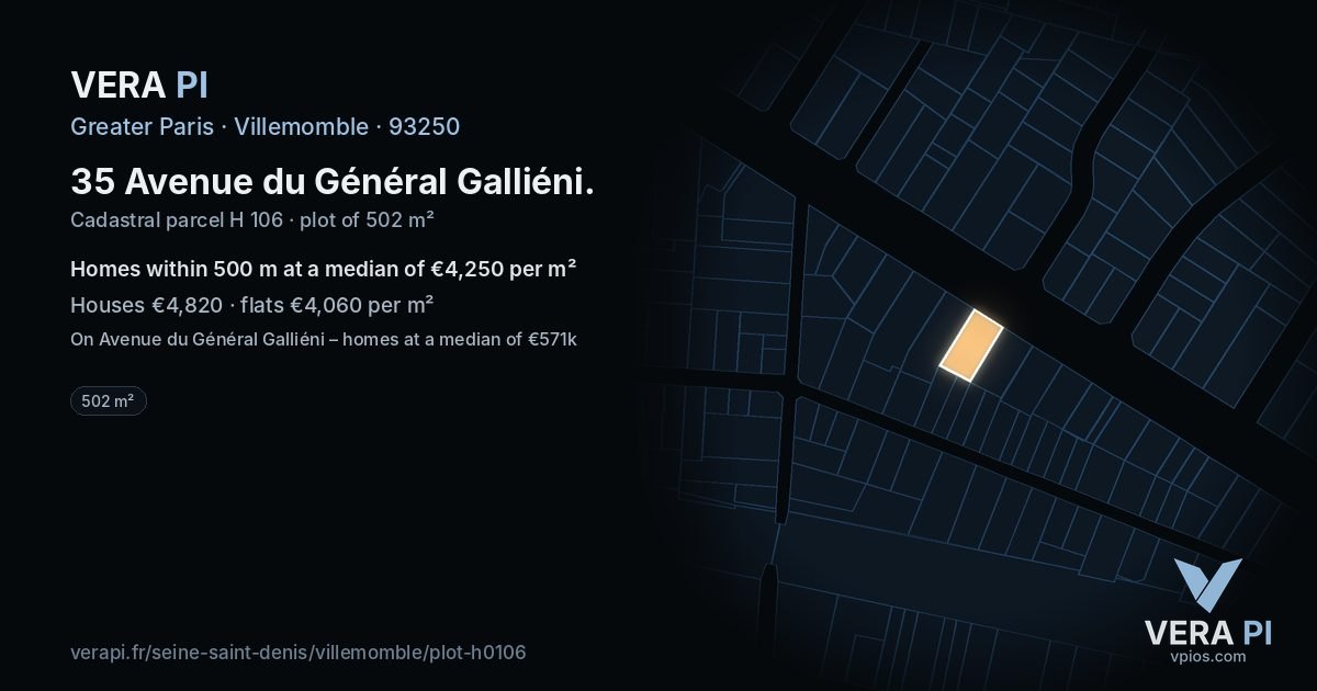 35 Avenue du Général Galliéni, Villemomble at night – the plot lit, the parcels around coloured by the prices near them
