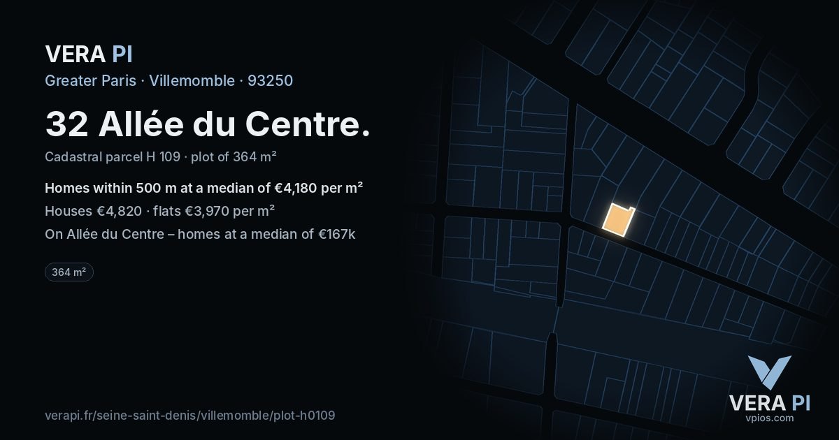 32 Allée du Centre, Villemomble at night – the plot lit, the parcels around coloured by the prices near them
