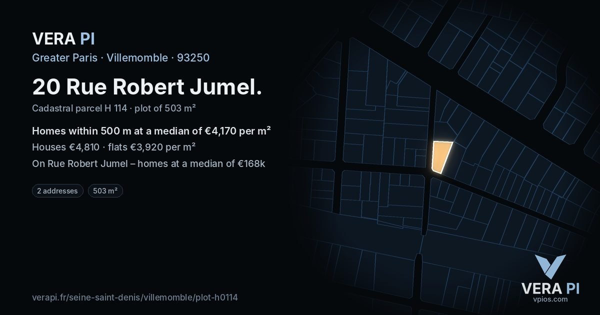20 Rue Robert Jumel, Villemomble at night – the plot lit, the parcels around coloured by the prices near them