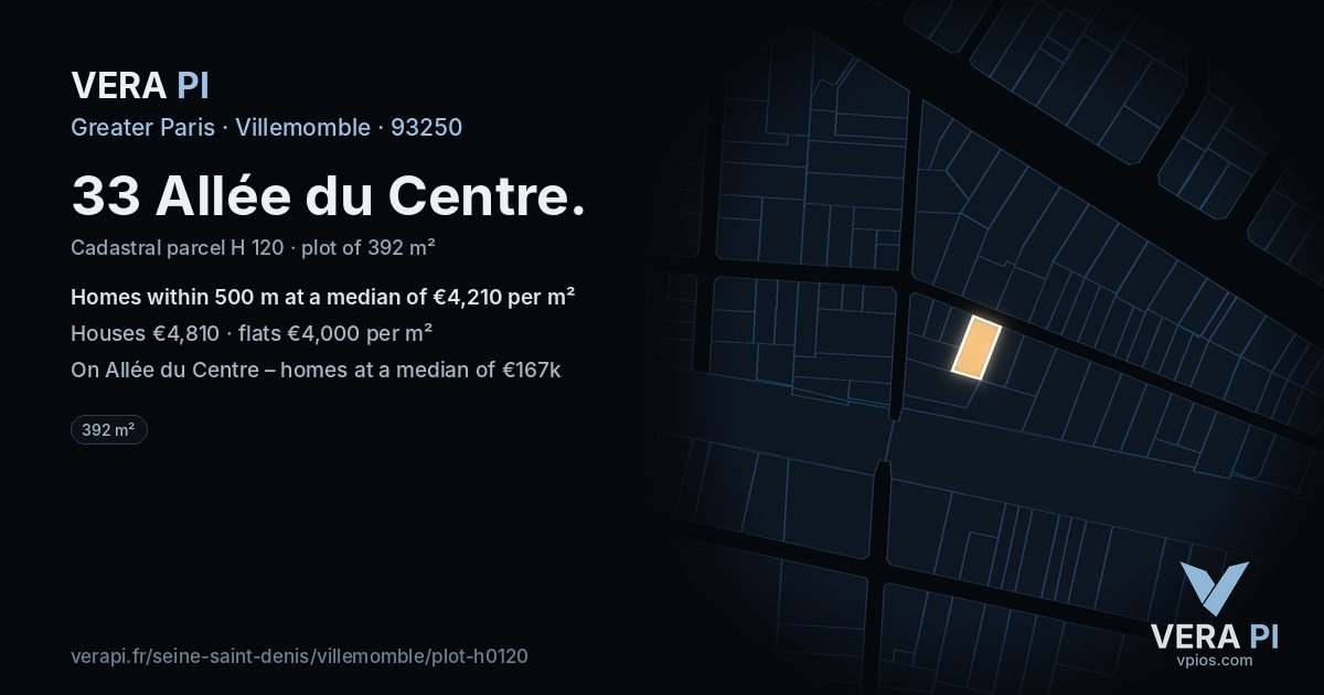33 Allée du Centre, Villemomble at night – the plot lit, the parcels around coloured by the prices near them