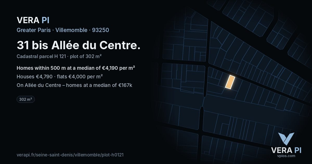 31 bis Allée du Centre, Villemomble at night – the plot lit, the parcels around coloured by the prices near them