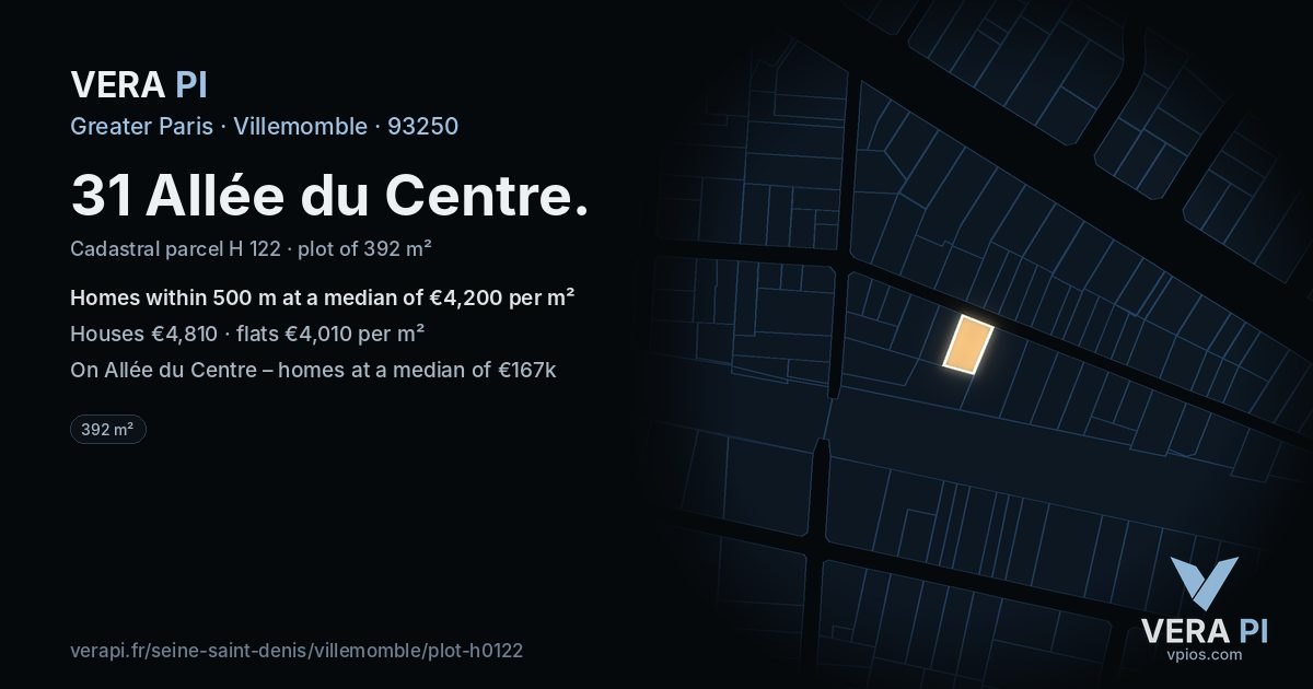 31 Allée du Centre, Villemomble at night – the plot lit, the parcels around coloured by the prices near them