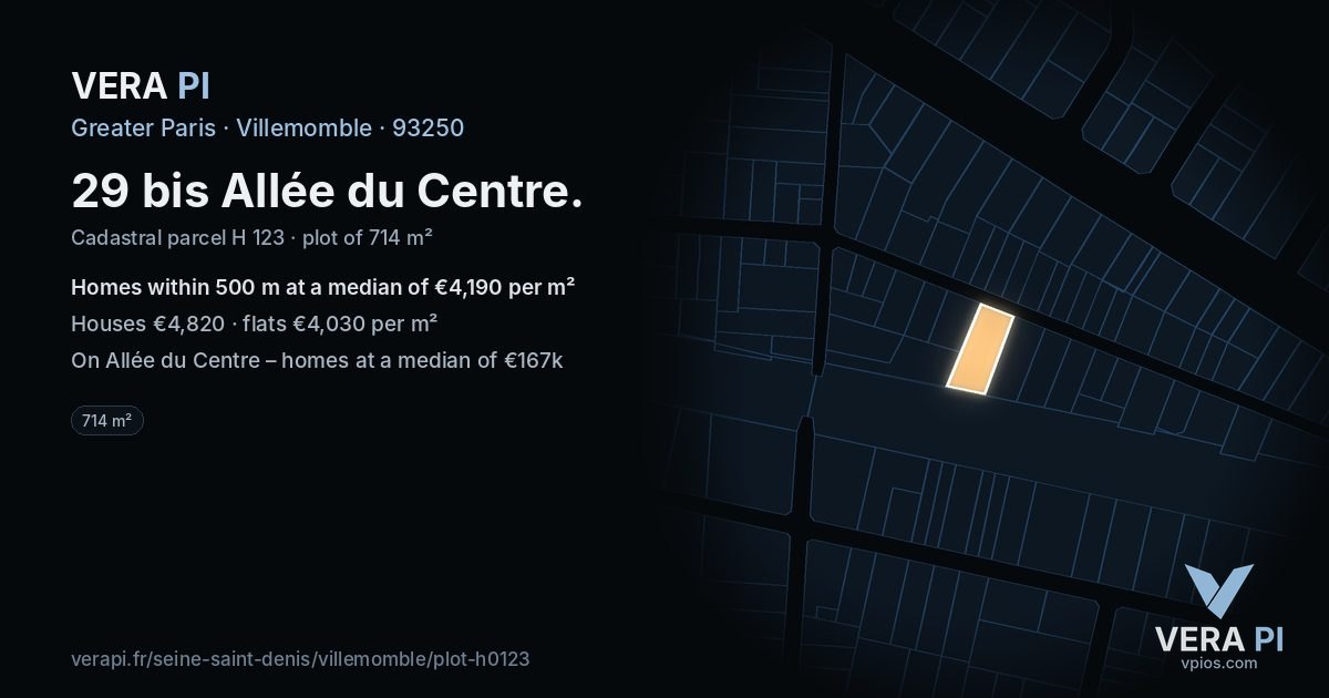 29 bis Allée du Centre, Villemomble at night – the plot lit, the parcels around coloured by the prices near them