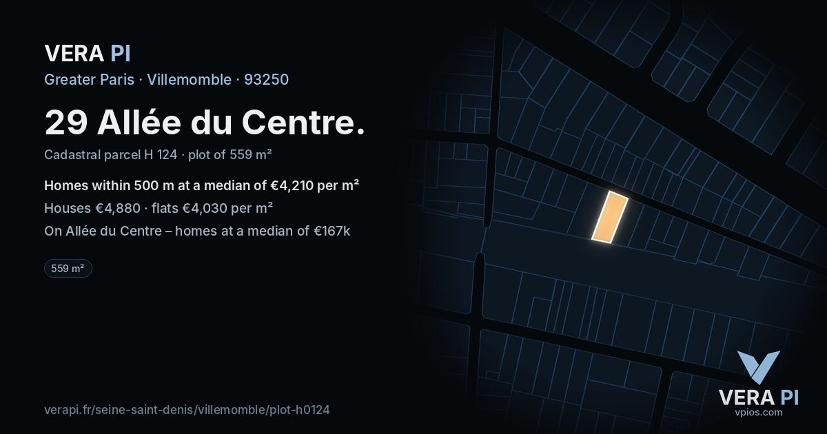 29 Allée du Centre, Villemomble at night – the plot lit, the parcels around coloured by the prices near them