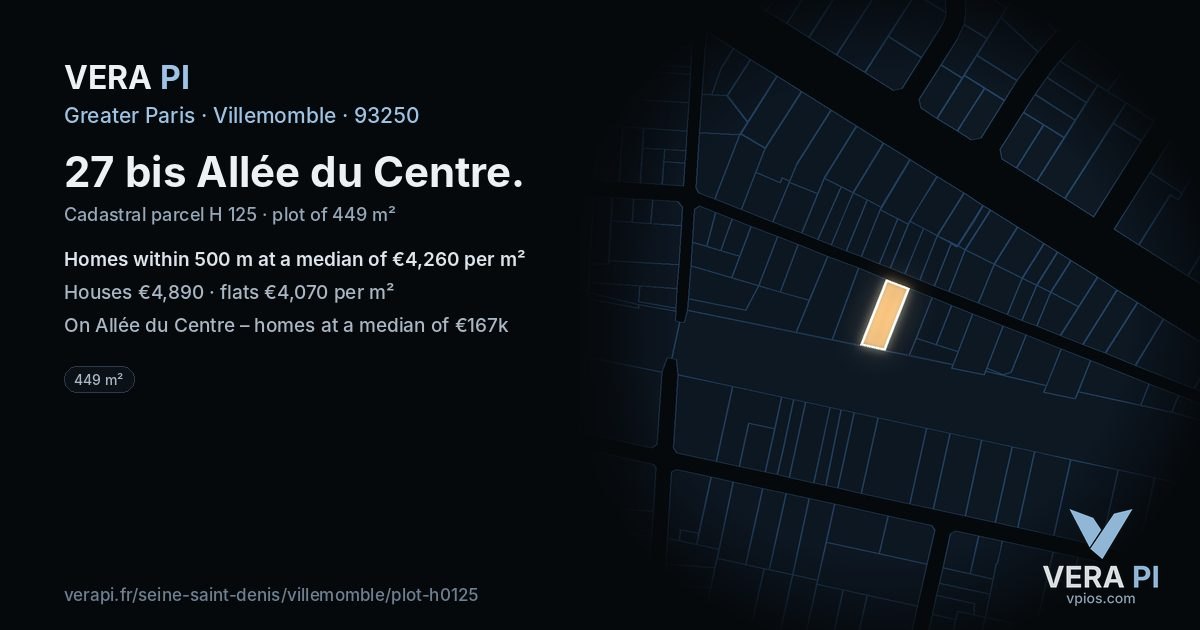 27 bis Allée du Centre, Villemomble at night – the plot lit, the parcels around coloured by the prices near them