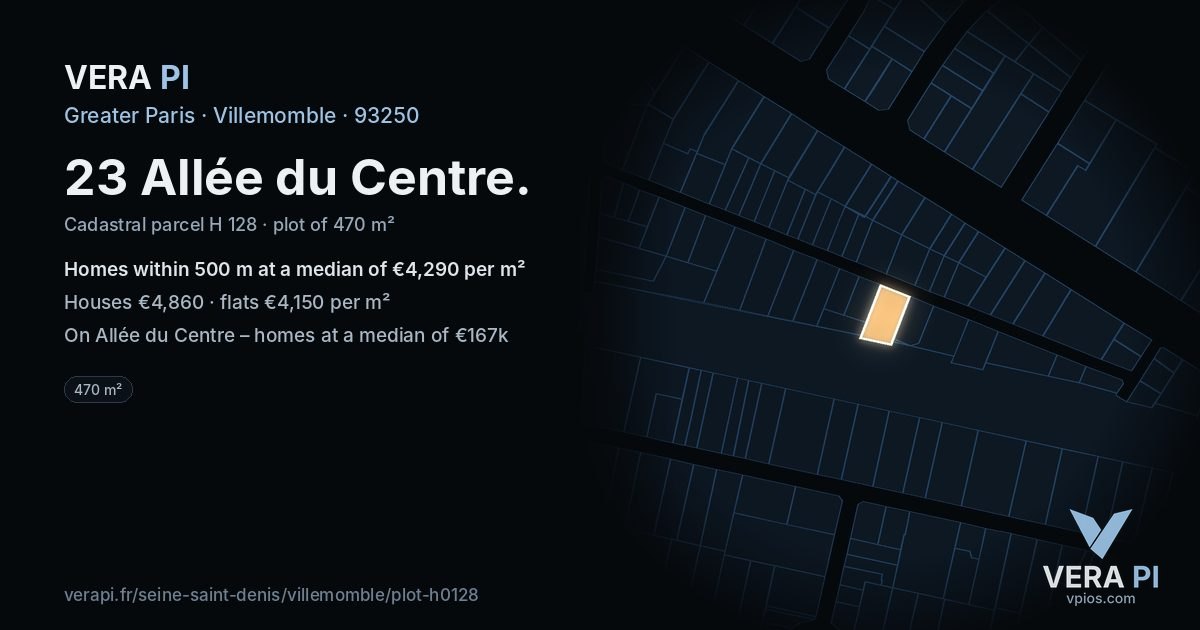 23 Allée du Centre, Villemomble at night – the plot lit, the parcels around coloured by the prices near them