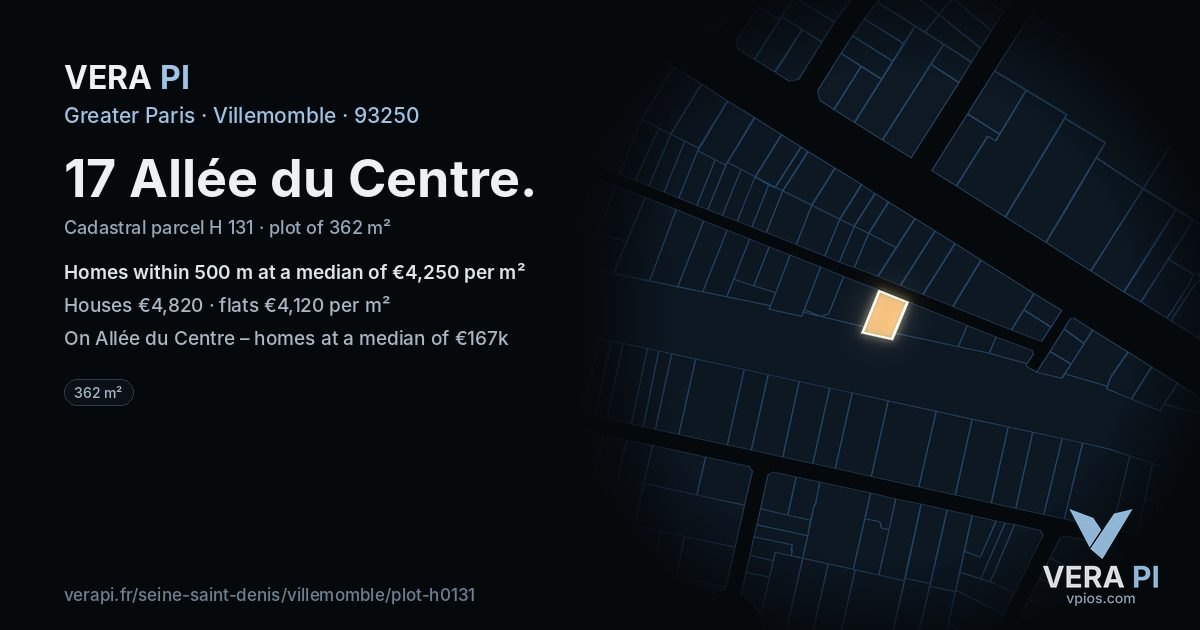 17 Allée du Centre, Villemomble at night – the plot lit, the parcels around coloured by the prices near them