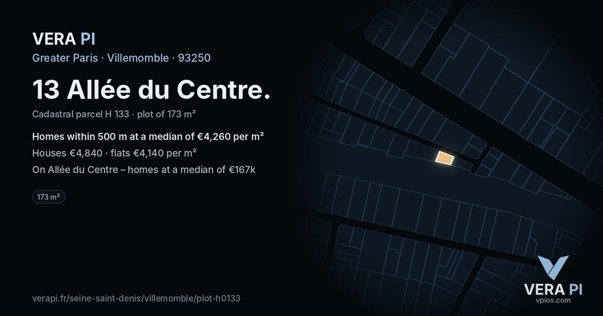 13 Allée du Centre, Villemomble at night – the plot lit, the parcels around coloured by the prices near them