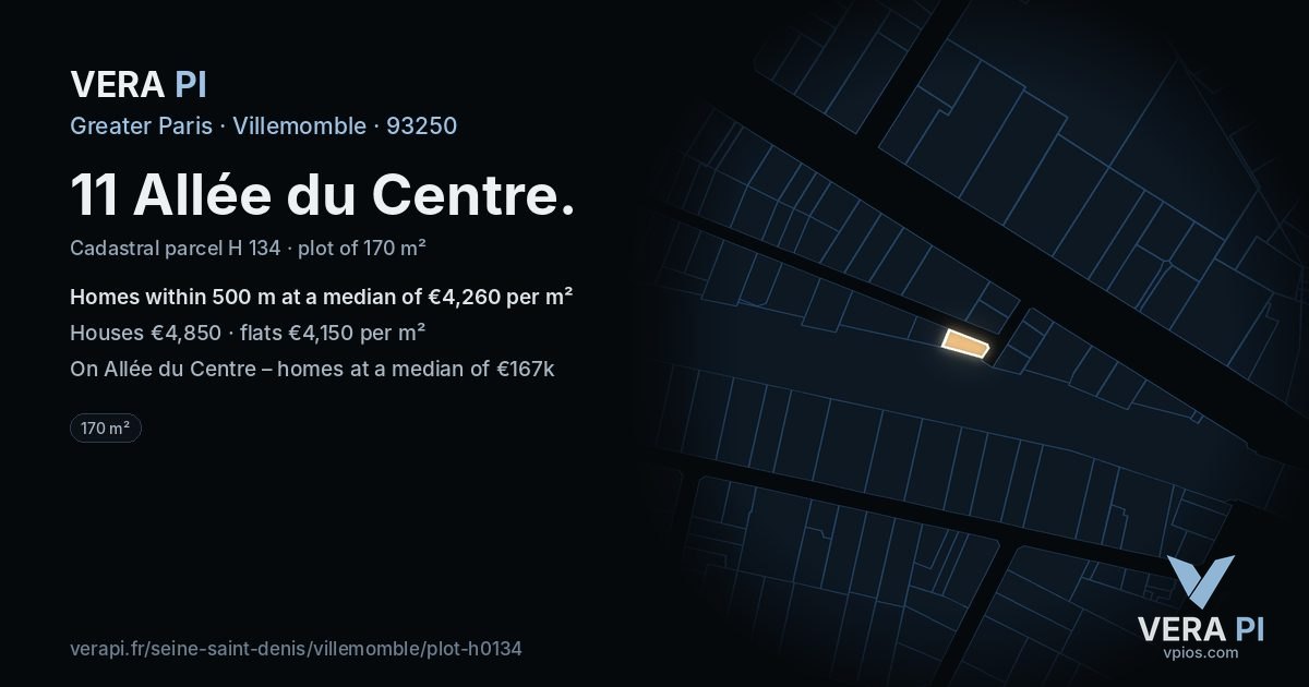 11 Allée du Centre, Villemomble at night – the plot lit, the parcels around coloured by the prices near them