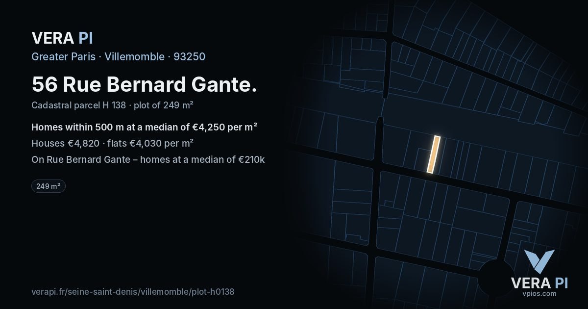 56 Rue Bernard Gante, Villemomble at night – the plot lit, the parcels around coloured by the prices near them