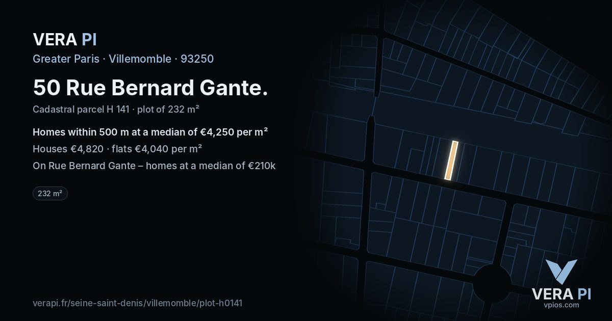 50 Rue Bernard Gante, Villemomble at night – the plot lit, the parcels around coloured by the prices near them