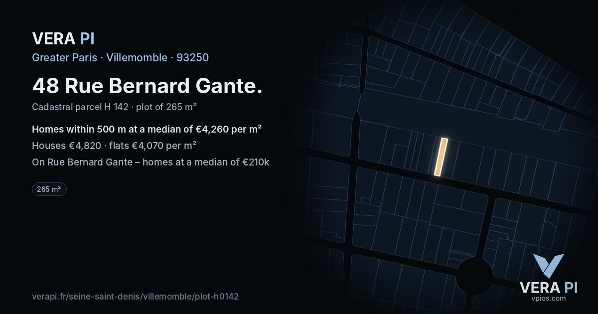 48 Rue Bernard Gante, Villemomble at night – the plot lit, the parcels around coloured by the prices near them