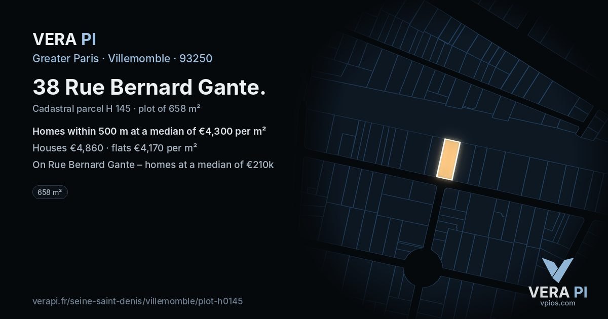 38 Rue Bernard Gante, Villemomble at night – the plot lit, the parcels around coloured by the prices near them