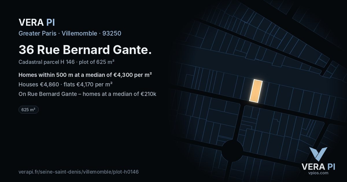 36 Rue Bernard Gante, Villemomble at night – the plot lit, the parcels around coloured by the prices near them