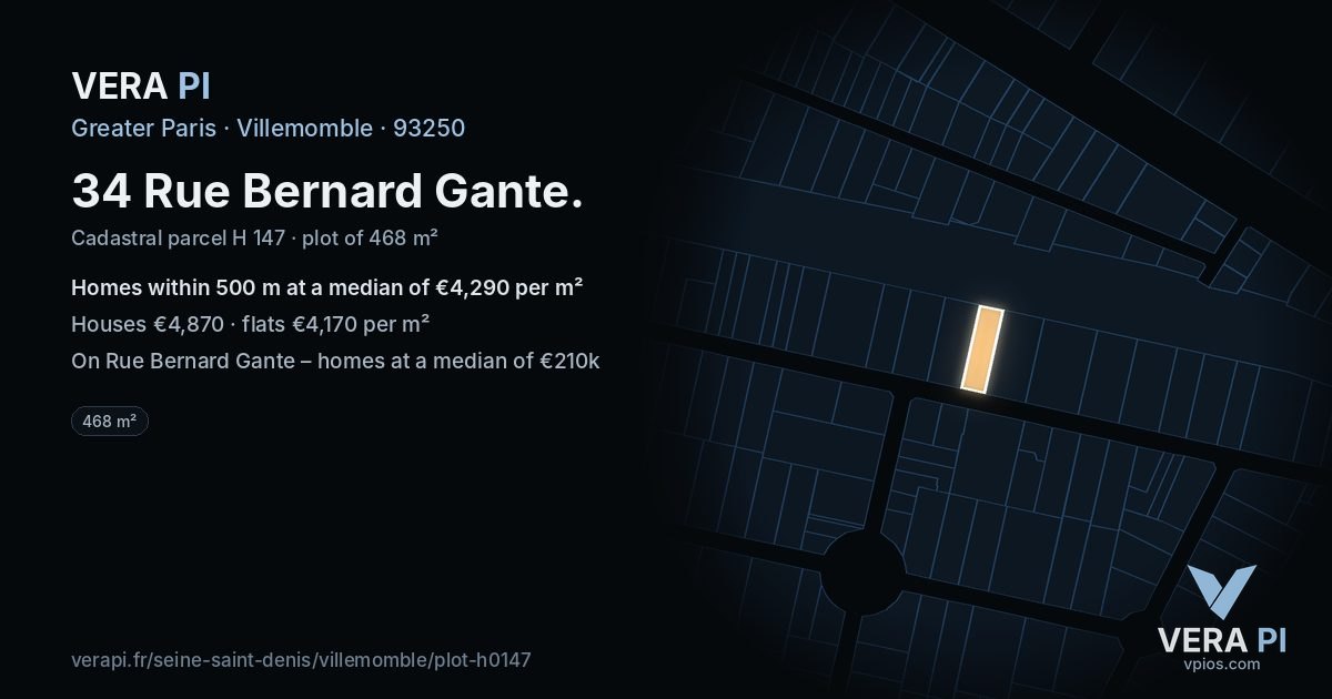 34 Rue Bernard Gante, Villemomble at night – the plot lit, the parcels around coloured by the prices near them