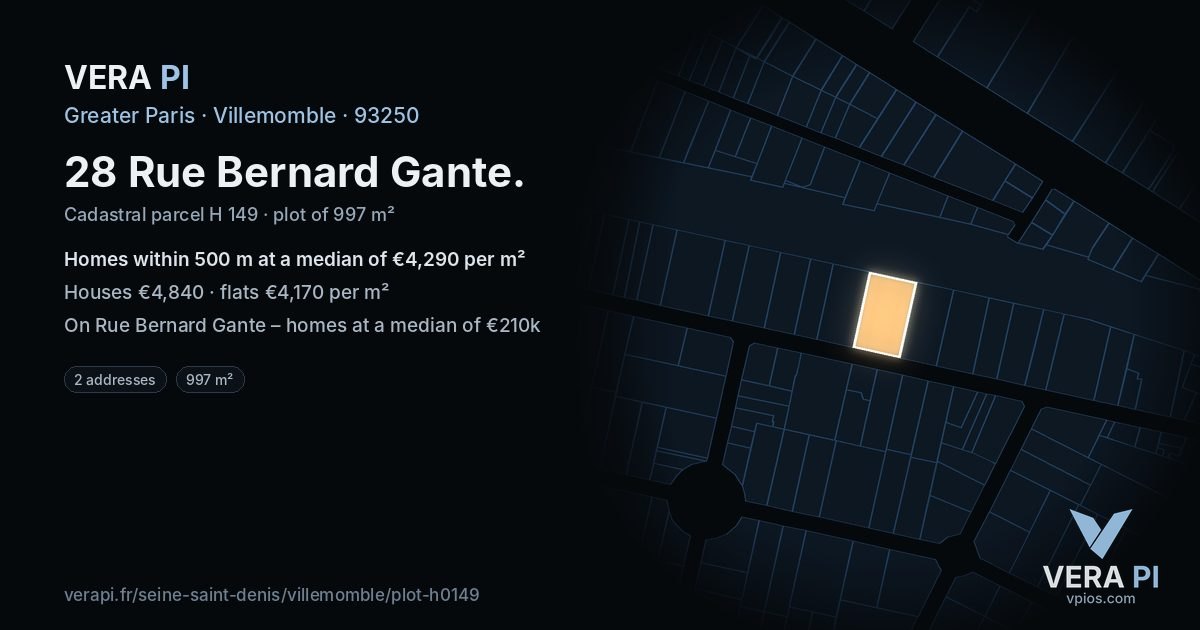 28 Rue Bernard Gante, Villemomble at night – the plot lit, the parcels around coloured by the prices near them