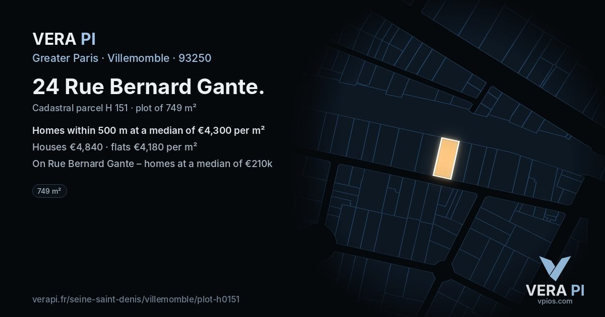 24 Rue Bernard Gante, Villemomble at night – the plot lit, the parcels around coloured by the prices near them