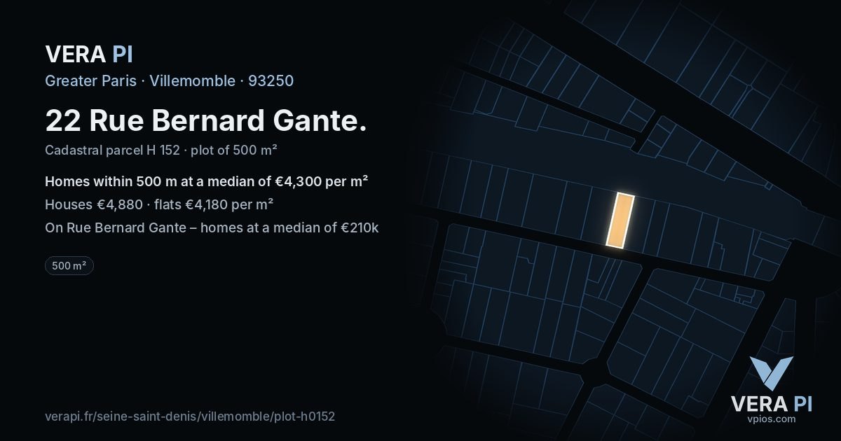 22 Rue Bernard Gante, Villemomble at night – the plot lit, the parcels around coloured by the prices near them