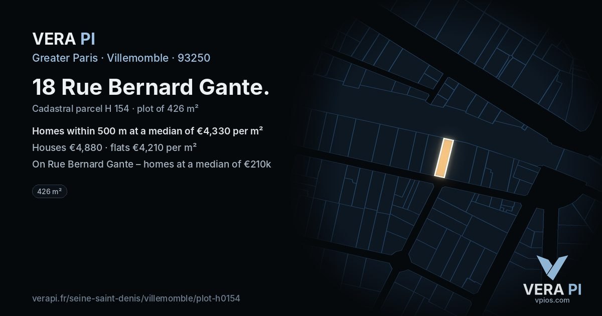 18 Rue Bernard Gante, Villemomble at night – the plot lit, the parcels around coloured by the prices near them