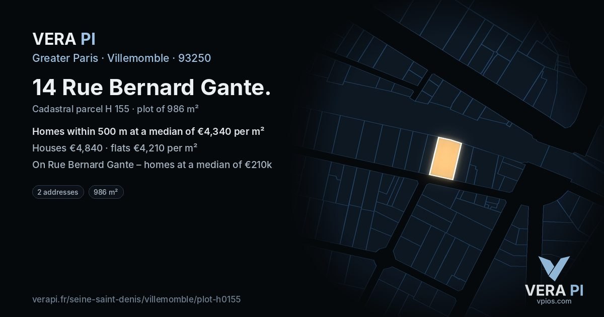14 Rue Bernard Gante, Villemomble at night – the plot lit, the parcels around coloured by the prices near them