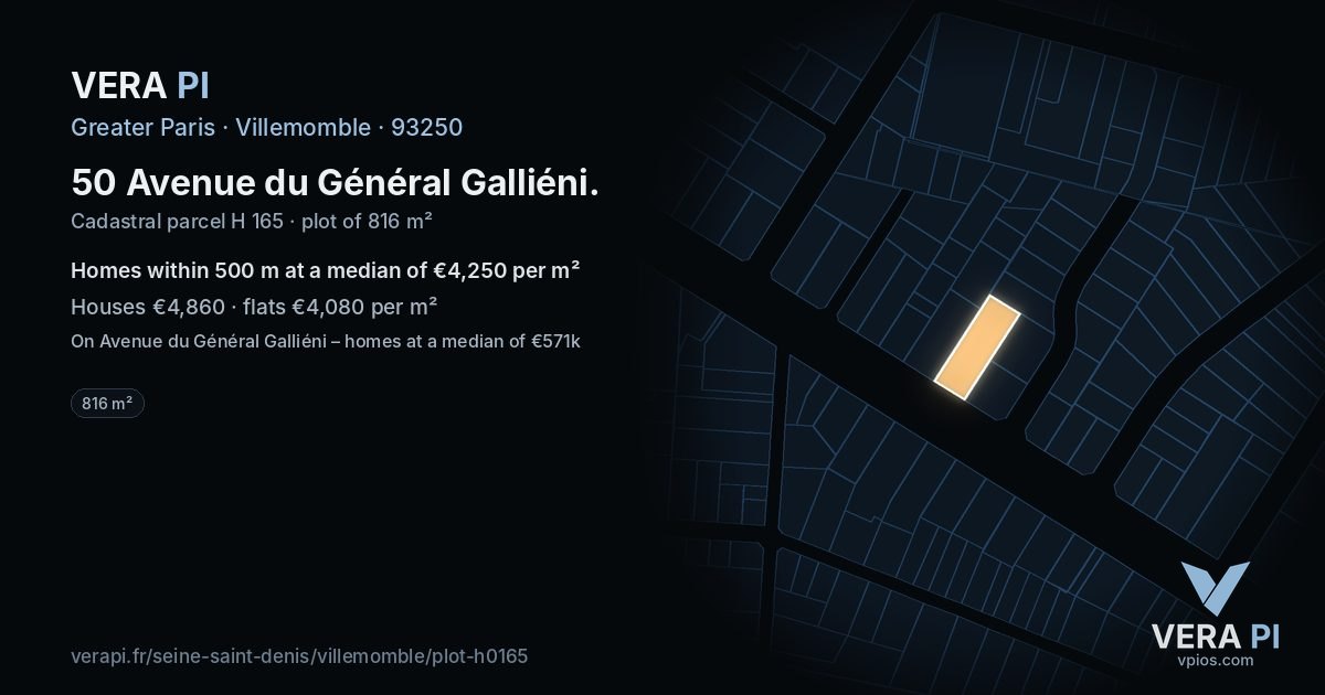 50 Avenue du Général Galliéni, Villemomble at night – the plot lit, the parcels around coloured by the prices near them