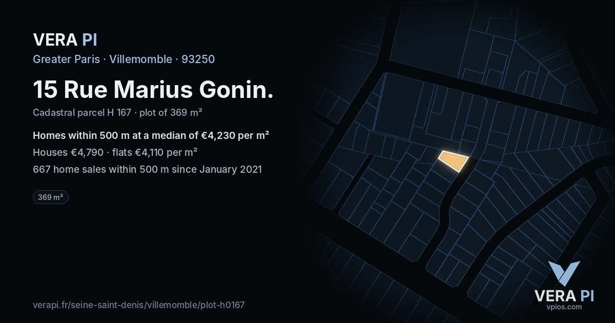 15 Rue Marius Gonin, Villemomble at night – the plot lit, the parcels around coloured by the prices near them