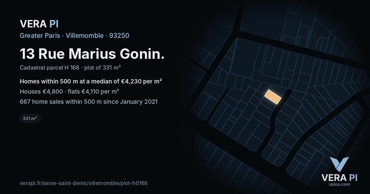 13 Rue Marius Gonin, Villemomble at night – the plot lit, the parcels around coloured by the prices near them