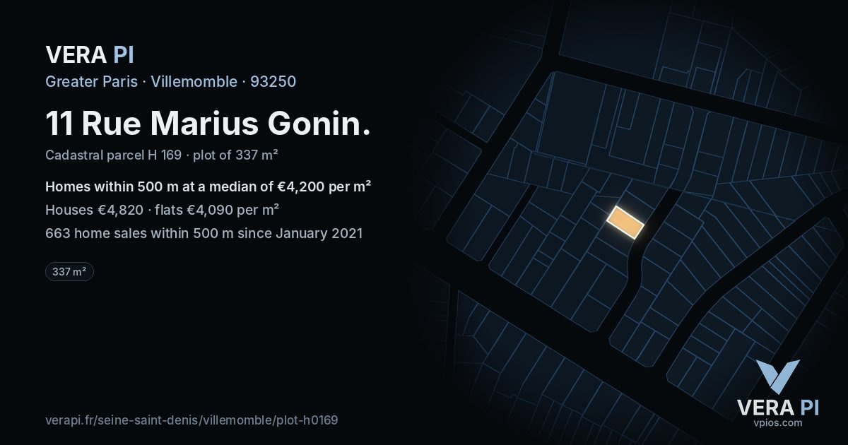 11 Rue Marius Gonin, Villemomble at night – the plot lit, the parcels around coloured by the prices near them