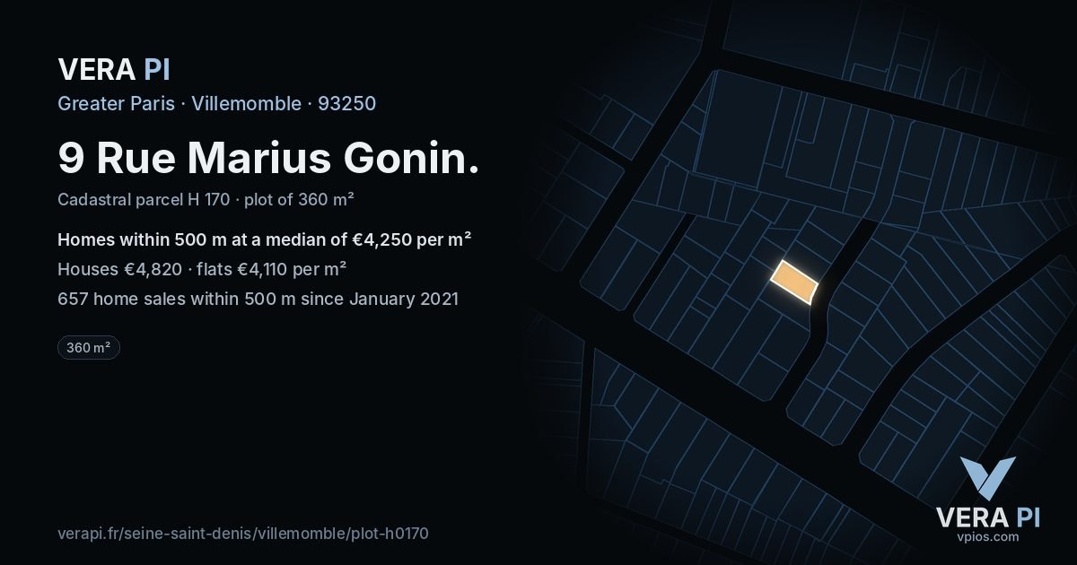 9 Rue Marius Gonin, Villemomble at night – the plot lit, the parcels around coloured by the prices near them