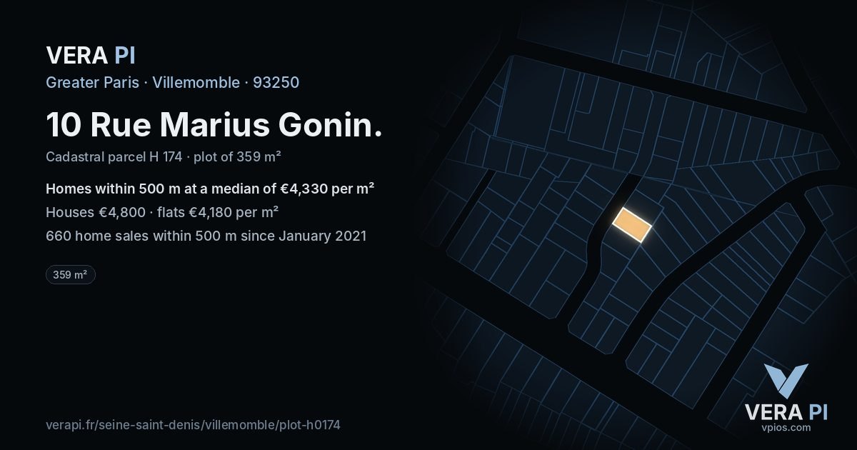10 Rue Marius Gonin, Villemomble at night – the plot lit, the parcels around coloured by the prices near them