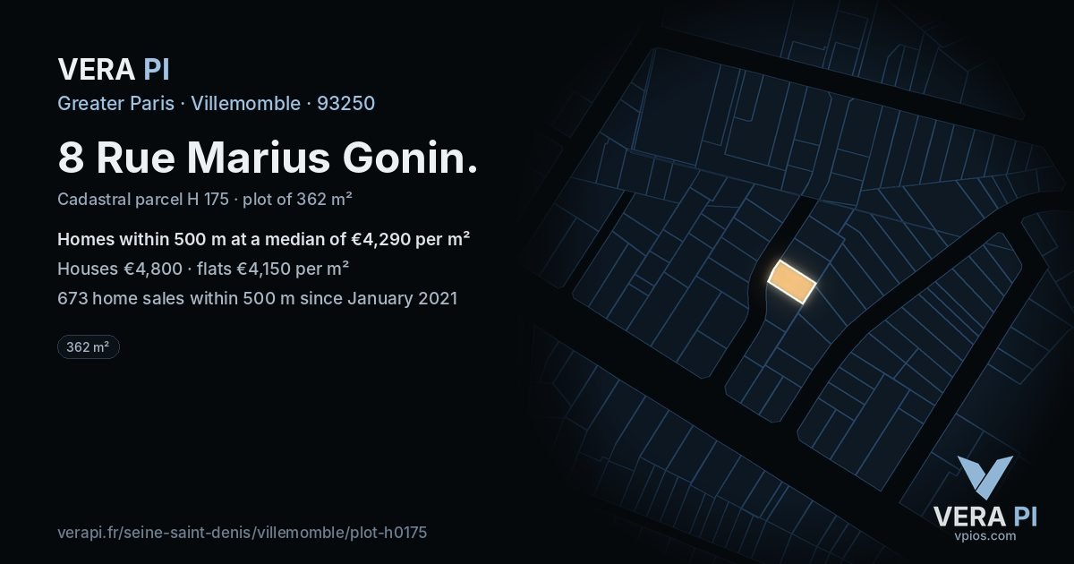 8 Rue Marius Gonin, Villemomble at night – the plot lit, the parcels around coloured by the prices near them
